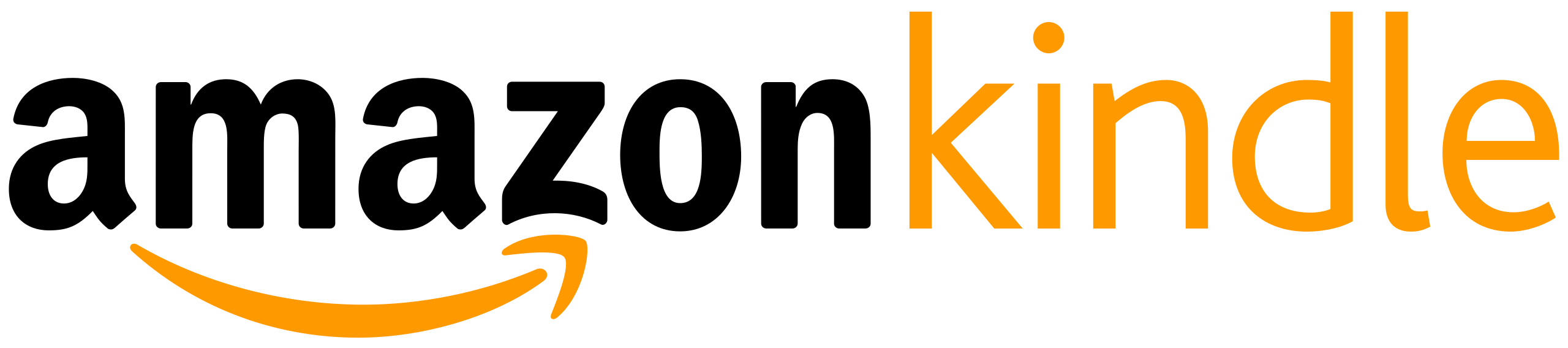 Amazon Kindle logo featuring the Amazon wordmark with a curved arrow underneath, followed by the word "kindle" in lowercase, both in orange on a transparent background.