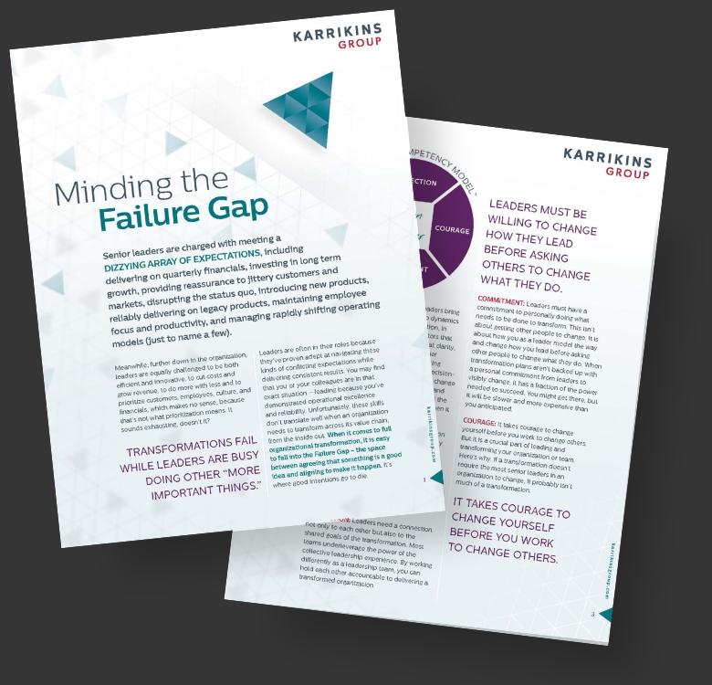Two overlapping Karrikins Group flyers. The top page is titled “Minding the Failure Gap” and discusses leadership challenges; the partially visible second page features a purple circular diagram and additional text about leadership.
