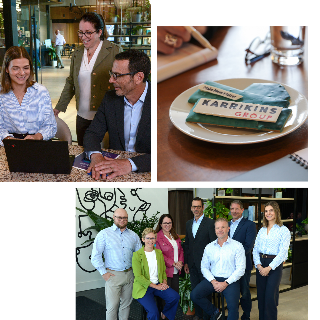 Collage of images that include a group photo, a photo of Karrikins logo on a cookie, and three people looking at a computer