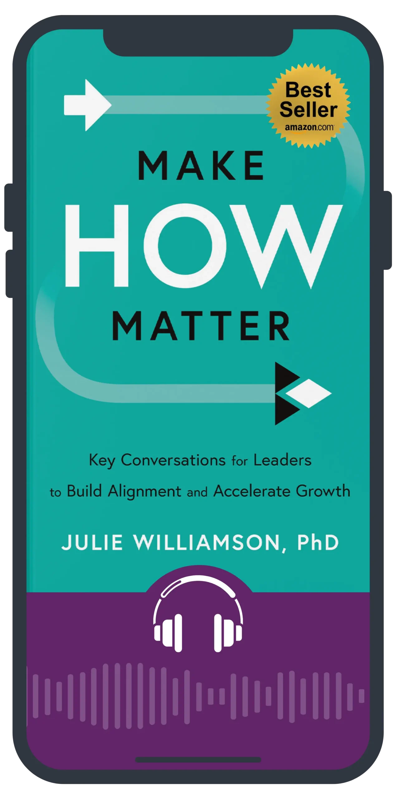 Book cover for "Make How Matter" by Julie Williamson, PhD. The cover is teal with bold white and black text, arrow graphics, and a gold "Best Seller amazon.com" badge. Subtitle: "Key Conversations for Leaders to Build Alignment and Accelerate Growth.