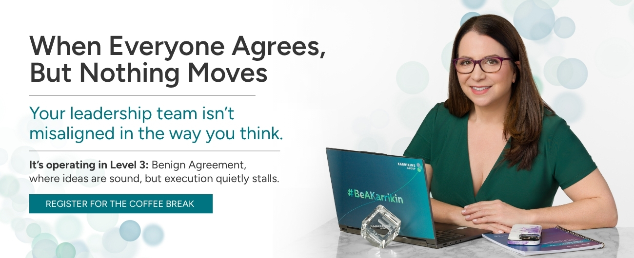 A woman with glasses in a green dress sits at a desk with a laptop, notebook, and pen. Text discusses leadership, agreement, and invites readers to register for a coffee break event.