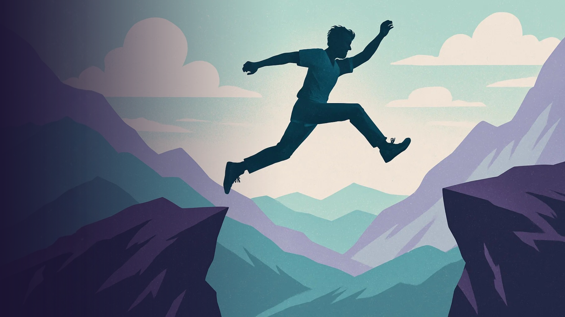 A silhouette of a person leaps across a wide gap between two mountain cliffs, with layered mountains and a cloudy sky in the background. The scene conveys a sense of adventure and overcoming challenges.