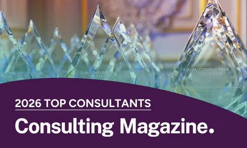 A group of glass awards with "Consulting Magazine" text in the background and a purple banner reading "2026 Top Consultants Consulting Magazine.
