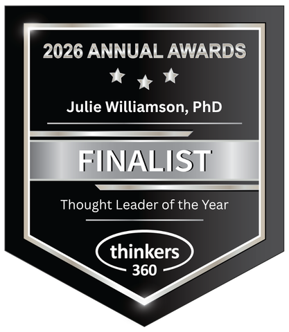 A metallic badge displaying "2026 Annual Awards," three stars, "Julie Williamson, PhD," "FINALIST," "Thought Leader of the Year," and the thinkers360 logo.
