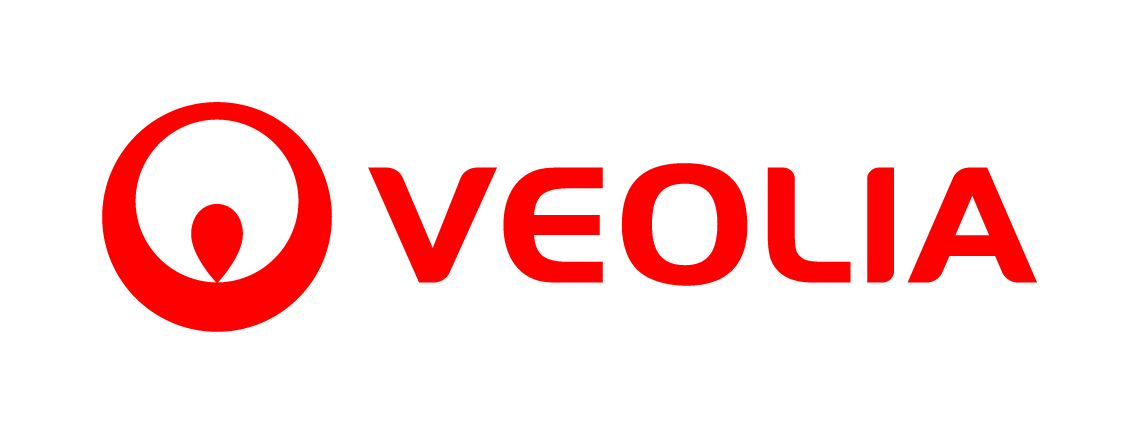 Veolia logo in red, featuring a circular symbol with a central droplet shape to the left of the word “VEOLIA” in bold uppercase letters. Background is white.