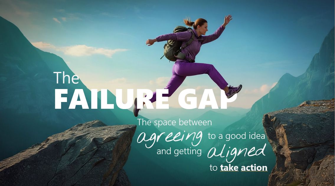 A woman with a backpack leaps over a gap between two cliffs. Text reads: “The FAILURE GAP: The space between agreeing to a good idea and getting aligned to take action.”.